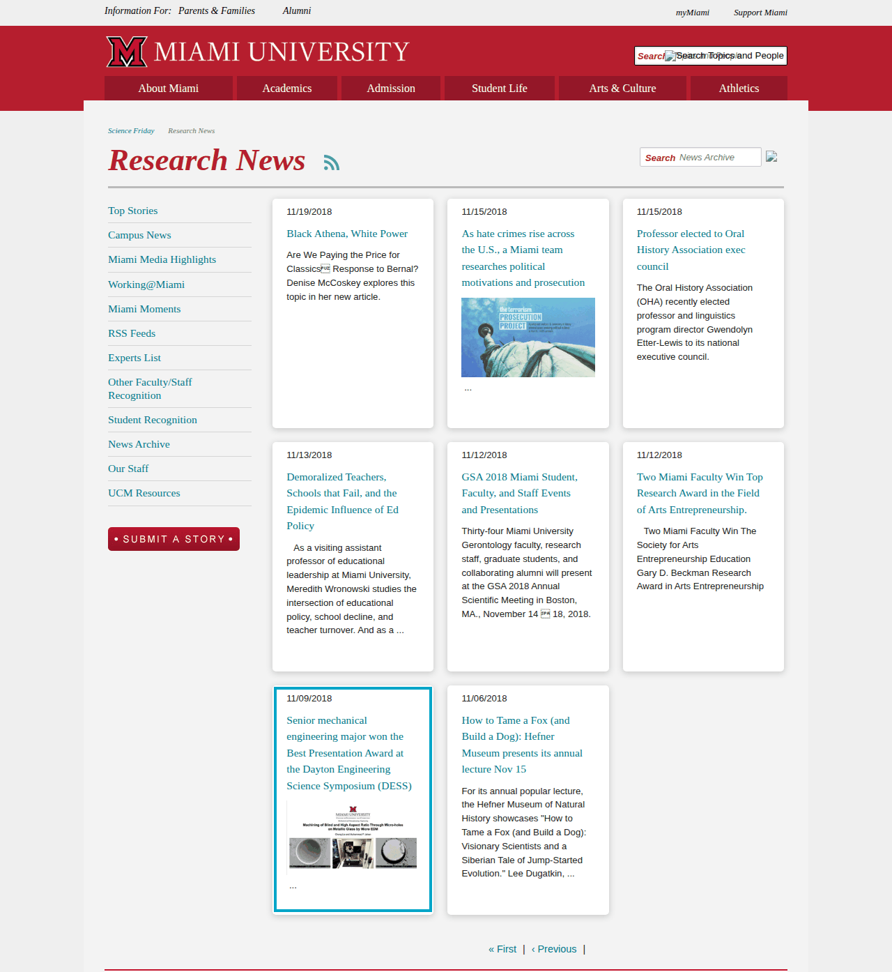 Miami University Science Friday Research News archive listing, with the 11/09/2018 DESS award entry highlighted