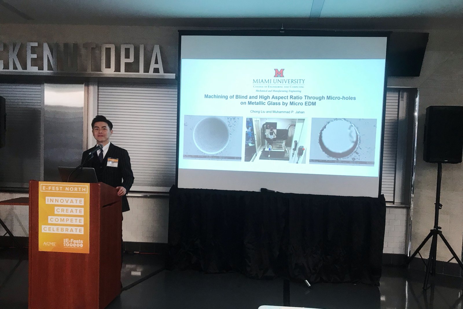 Chong Liu presenting Machining of Blind and High Aspect Ratio Through Micro-holes on Metallic Glass by Micro EDM at the ASME E-Fest North podium
