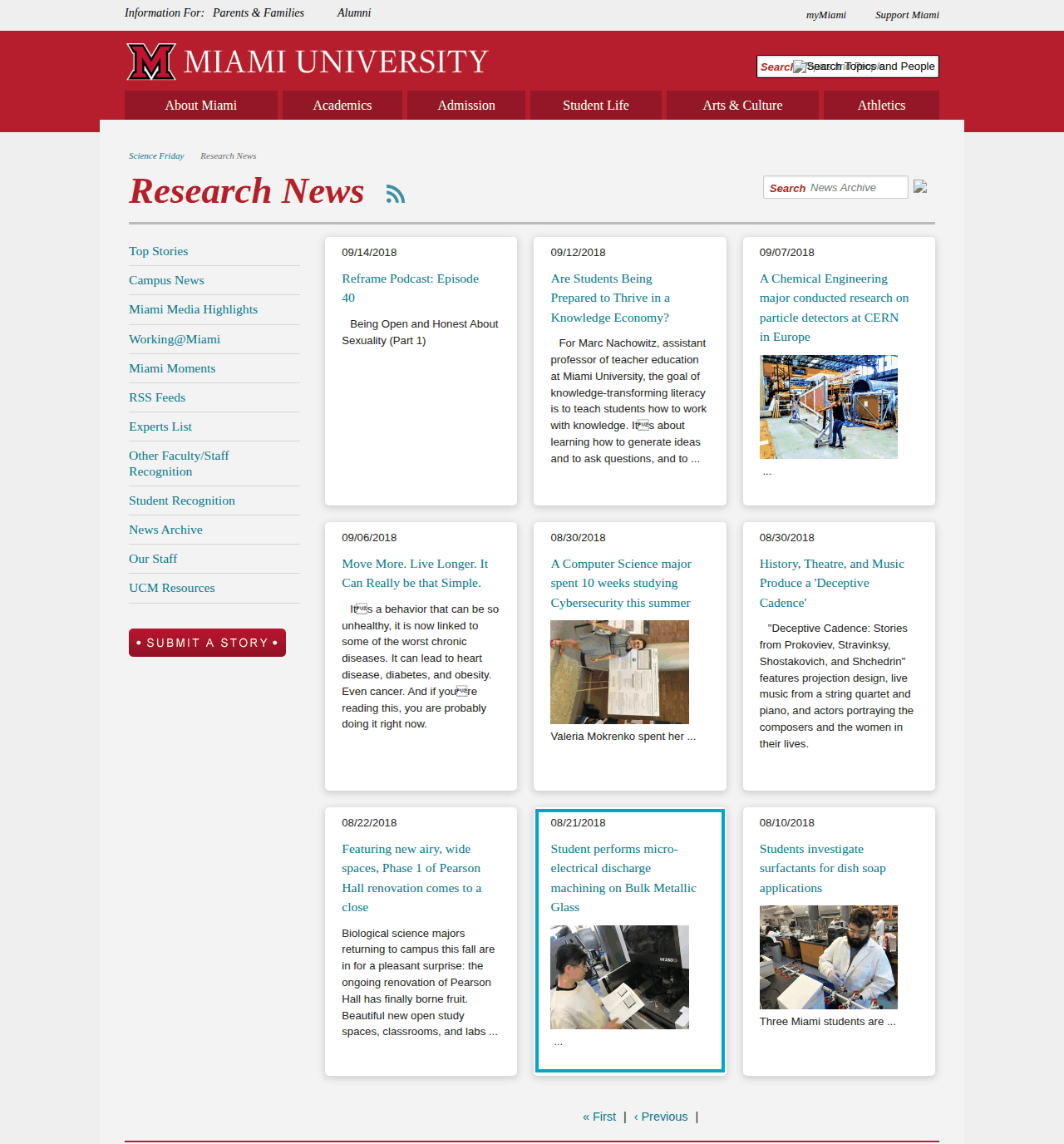 Miami University Science Friday Research News archive listing, with the 08/21/2018 micro-EDM entry highlighted