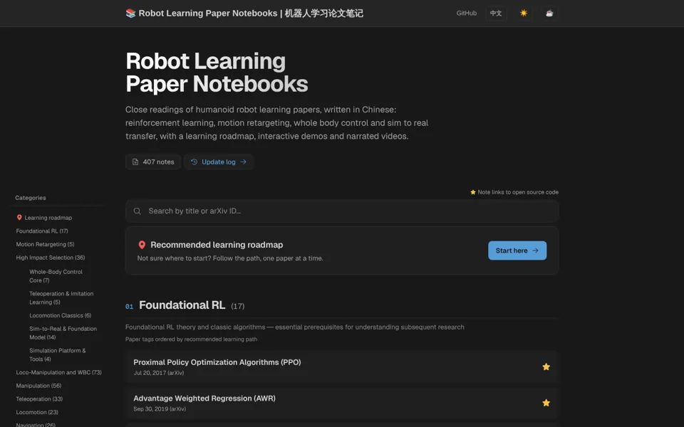 Robot Learning Paper Notebooks homepage with the paper search and recommended roadmap