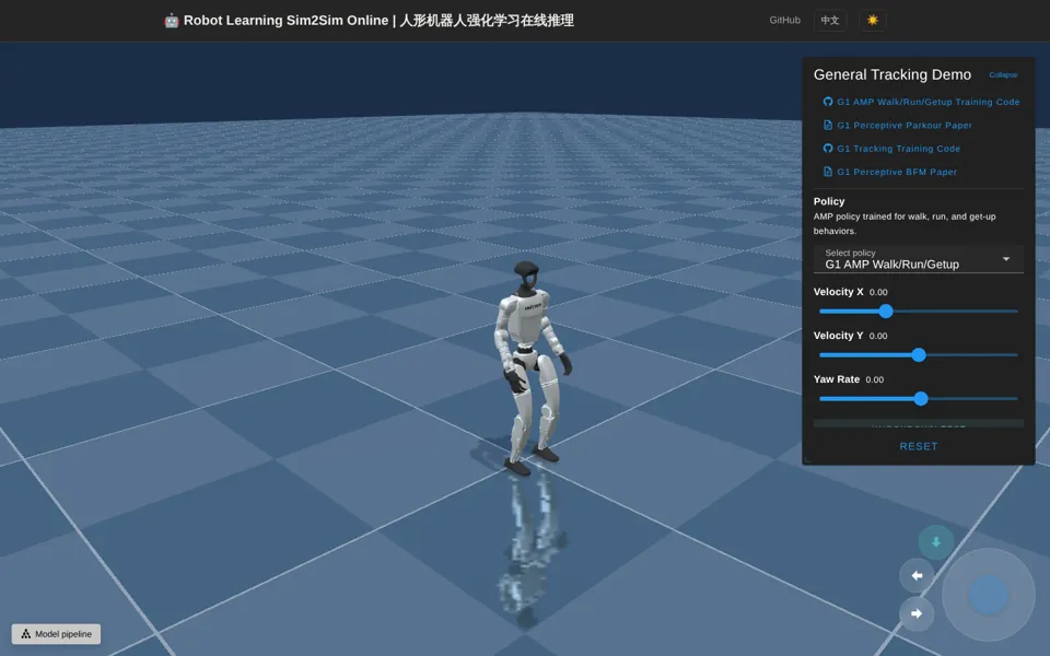 G1 humanoid running an AMP locomotion policy in the in-browser MuJoCo simulation