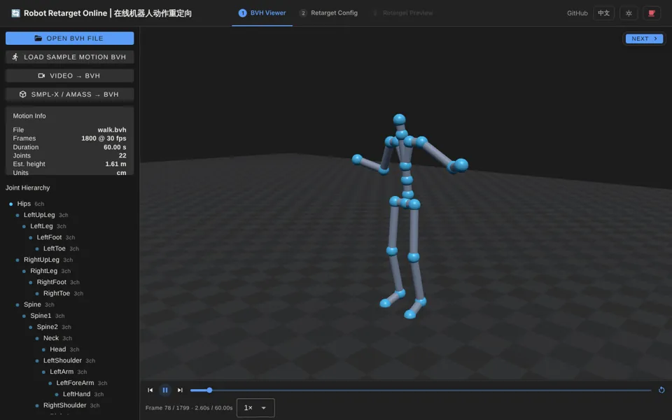 Robot Retarget Online previewing the LAFAN1 walk clip as a BVH skeleton